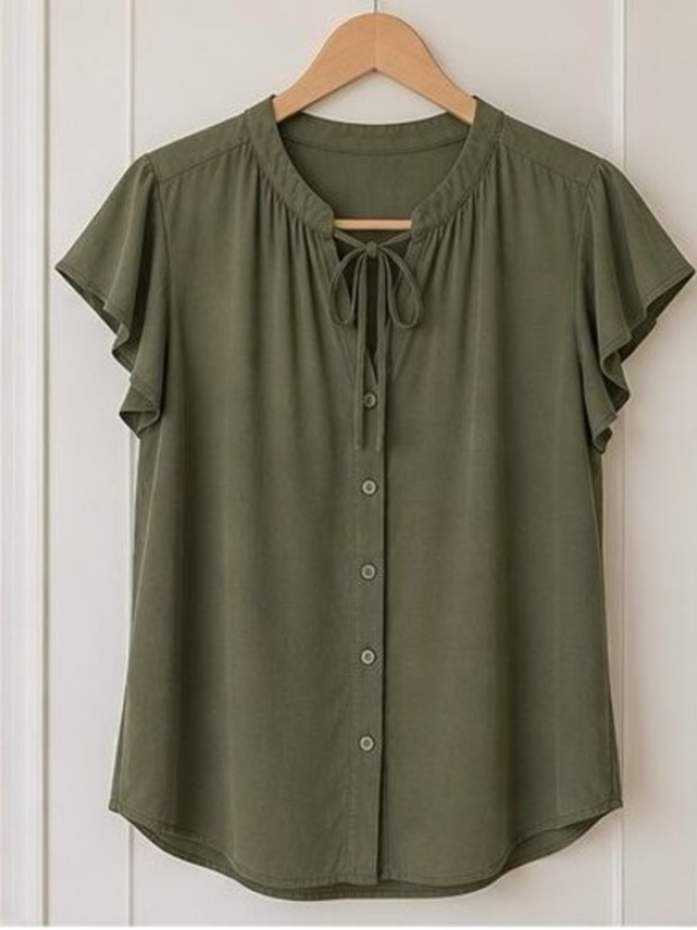 Olive Tie-Neck Button Front Blouse - Women's Top - Picture 1 of 6